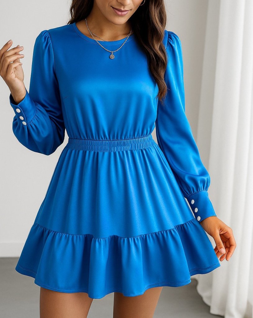 Women's Long Sleeve Crew Neck Elastic Waist Ruffled Imported Crepe Dress