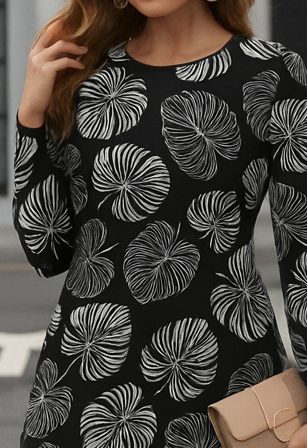 Women's Long Sleeve Crew Neck Patterned Short Crepe Dress