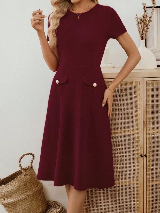 Women's Short Sleeve Crew Neck Pocket Detail Midi Imported Crepe Dress