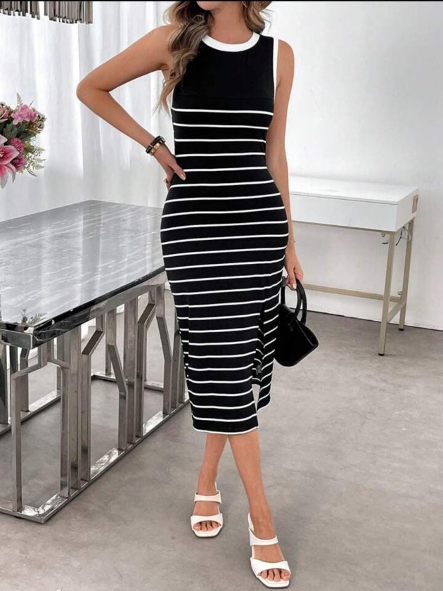Women's Sleeveless Round Neck Blouse with Strap Detail and Slit Midi Knit Dress