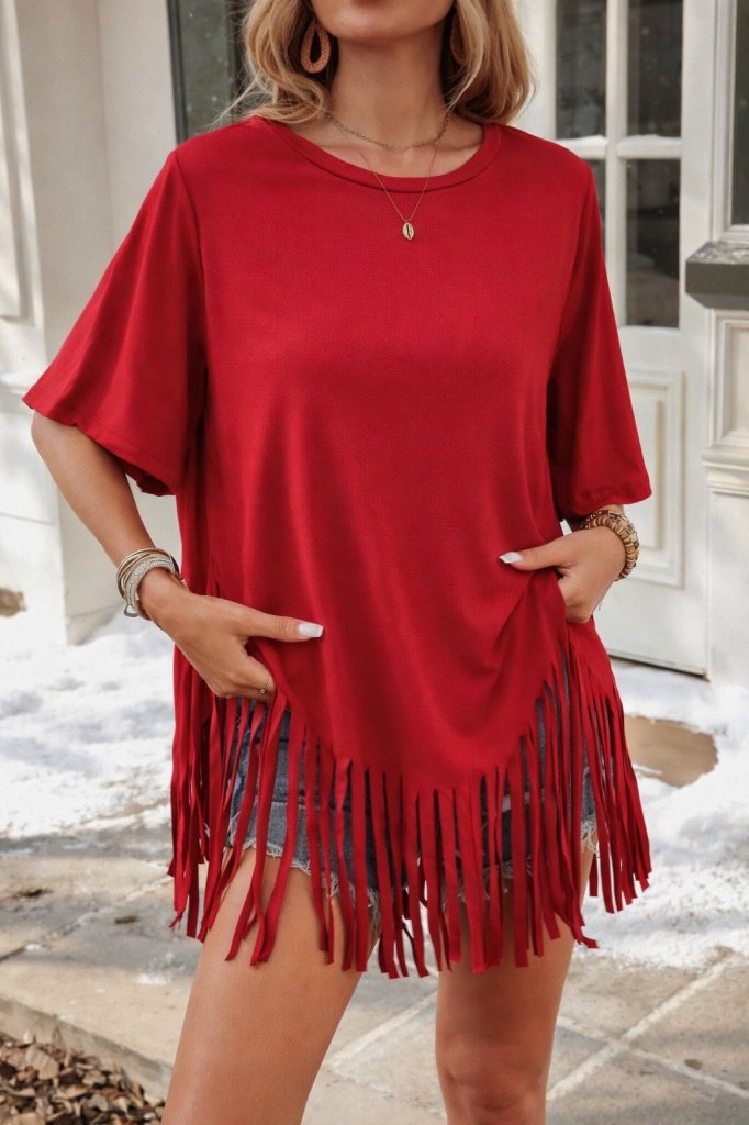 Women's Short Sleeve Crew Neck Tassel Viscose Blouse