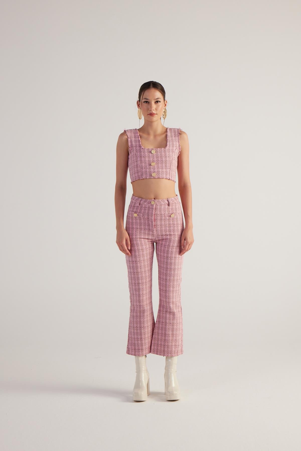 İspanyol Kesim Tüvit Tweed Pantolon Pembe
