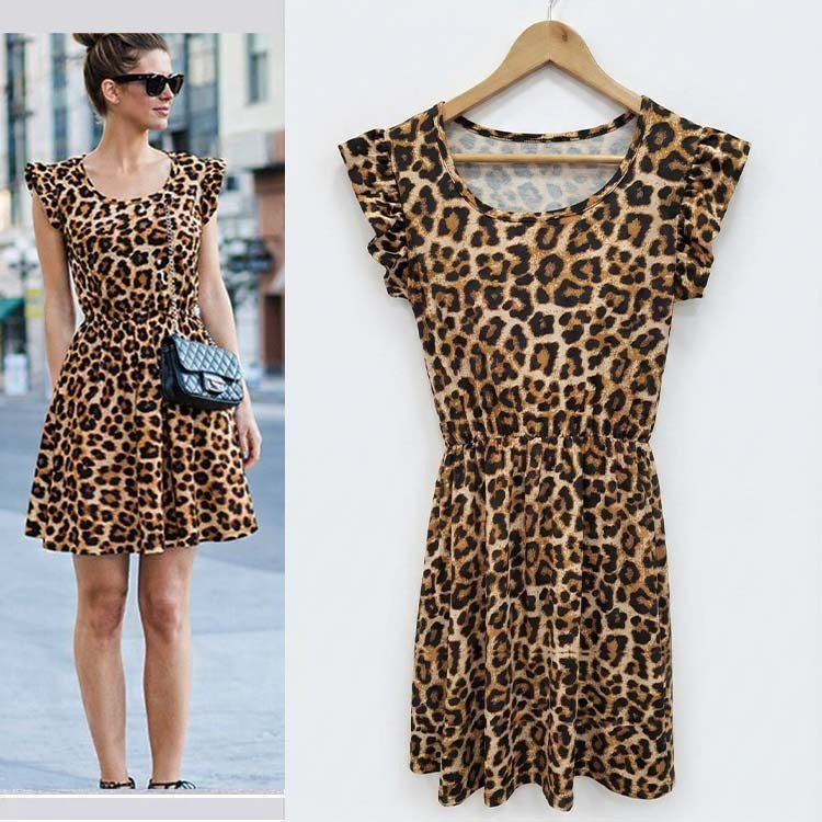 Women's Short Ruffle Sleeve Open Neck Leopard Print Short Flared Supreme Dress