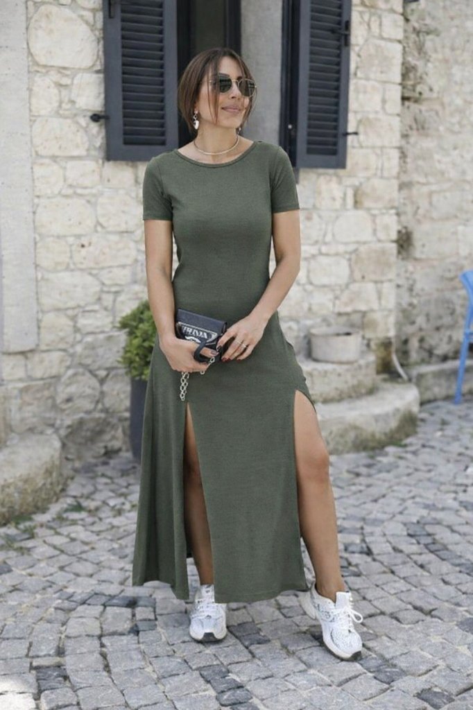 Women's Short Sleeve Back Cutout Slit Detail Viscose Dress