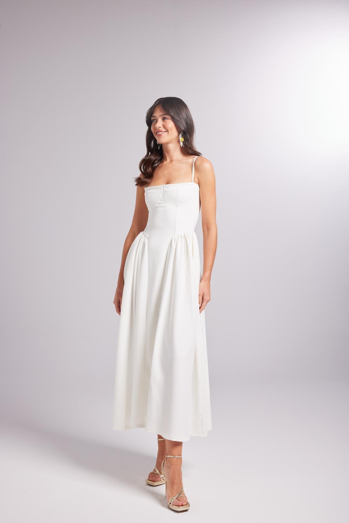 Askılı Gloplu Uzun Bridged Elbise Beyaz