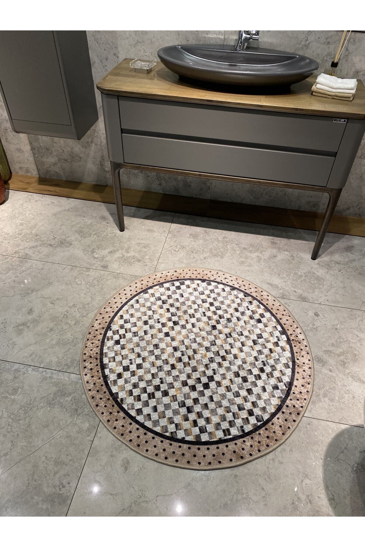 Robert Mavi Dama Desen Saçaksız Yuvarlak Banyo Paspası - Mavi Ebat 100x100