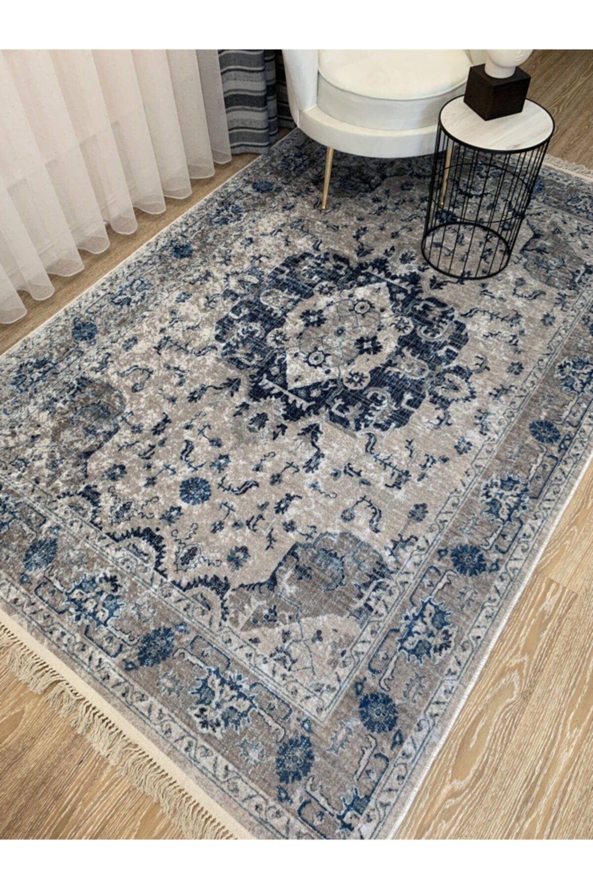 Aker Kilim Motif Lateks Kaymaz Taban Saçaklı Eskitme Halı