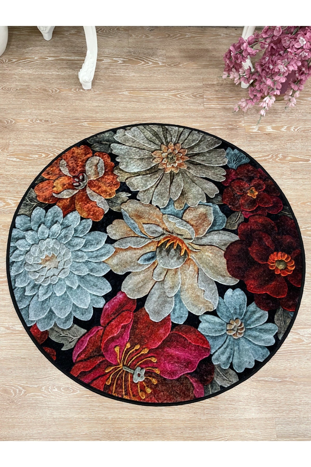 Çiçek Desenli Dekoratif Yıkanabilir Yuvarlak Halı - Gri