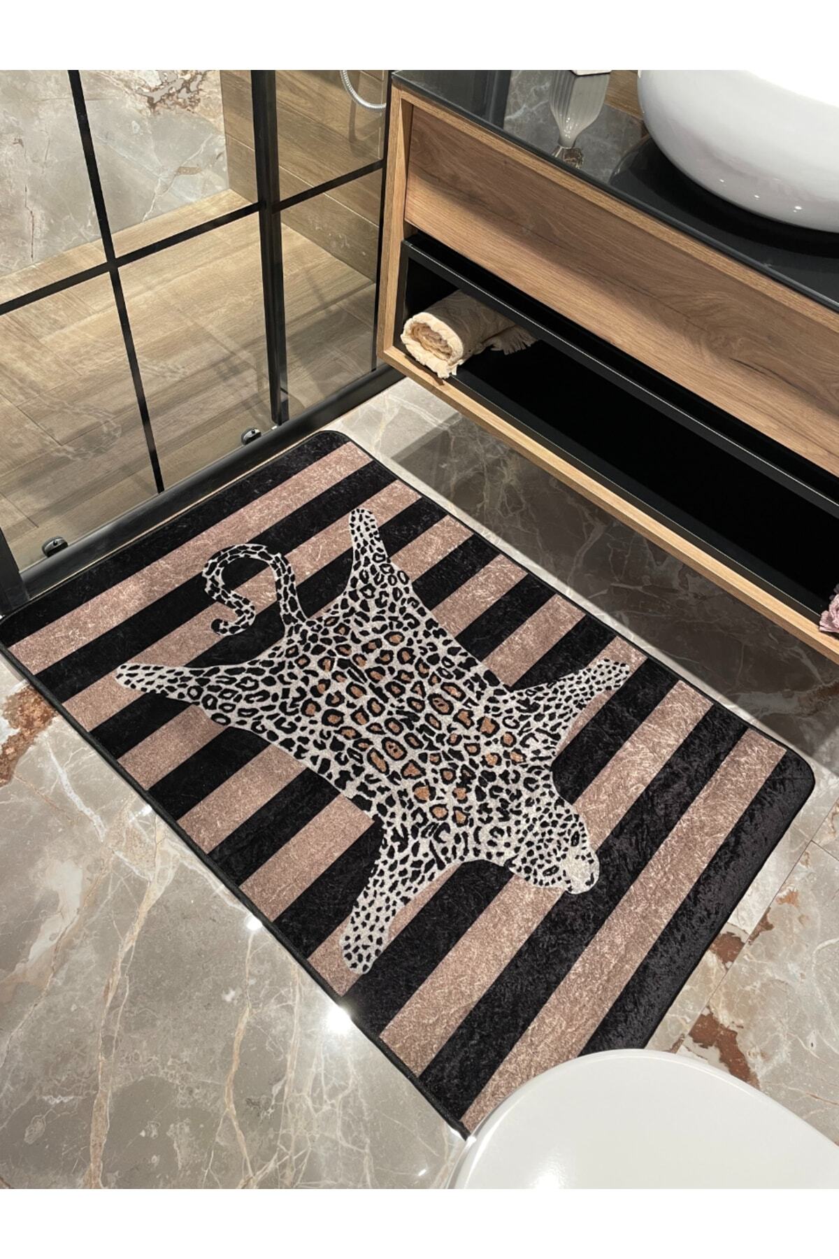 Leopar Desen Çizgili Tekli Banyo Paspası - Bej-kahverengi Ebat (80x120)