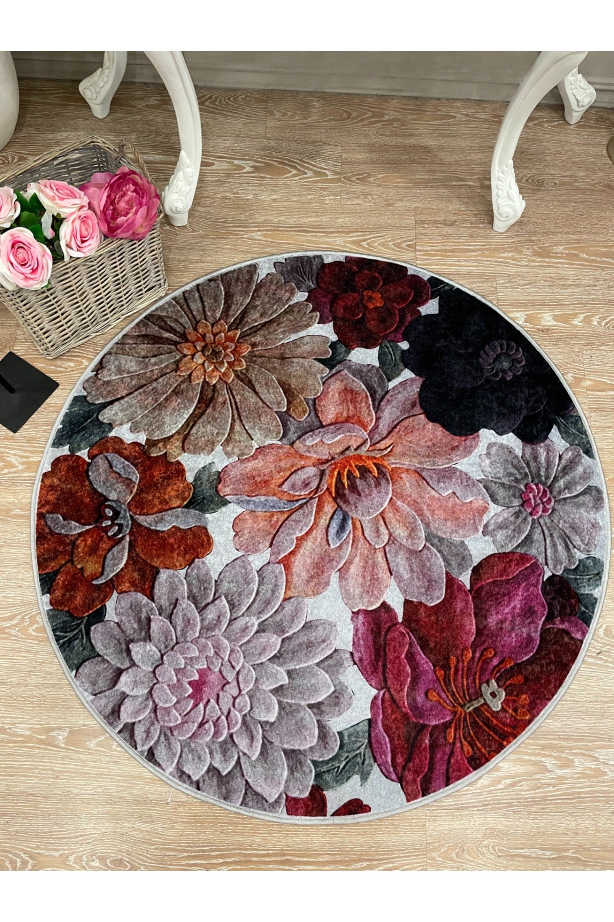 Çiçek Desenli Dekoratif Yıkanabilir Yuvarlak Halı - Gri