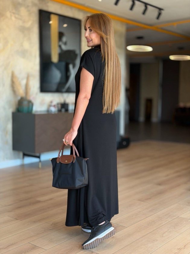Women's Short Sleeve Collared Pocketed Long Viscose Double Yarn Dress
