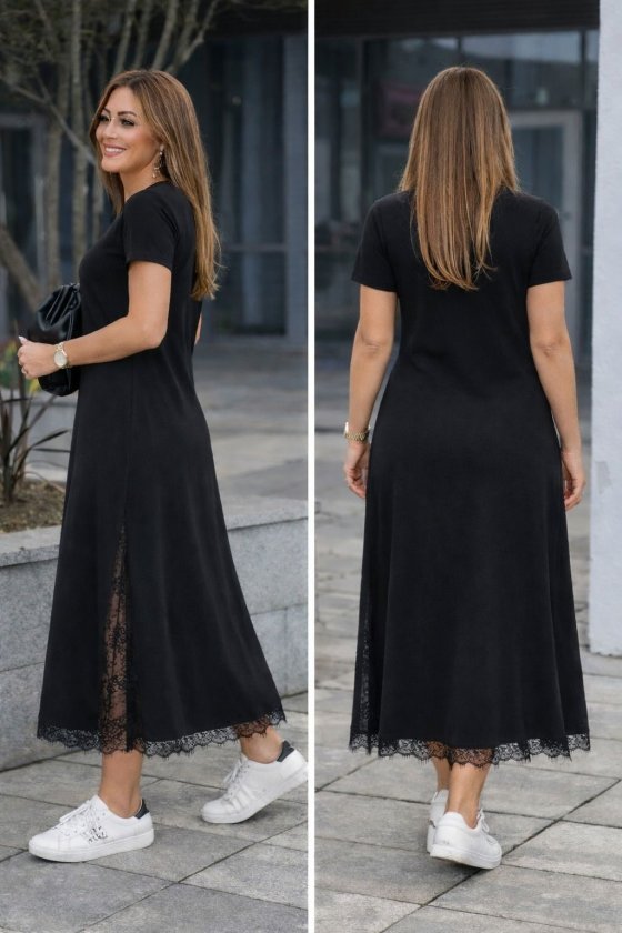 Women's Short Sleeve Crew Neck Side Slit Lace Detailed Long Viscose Dress