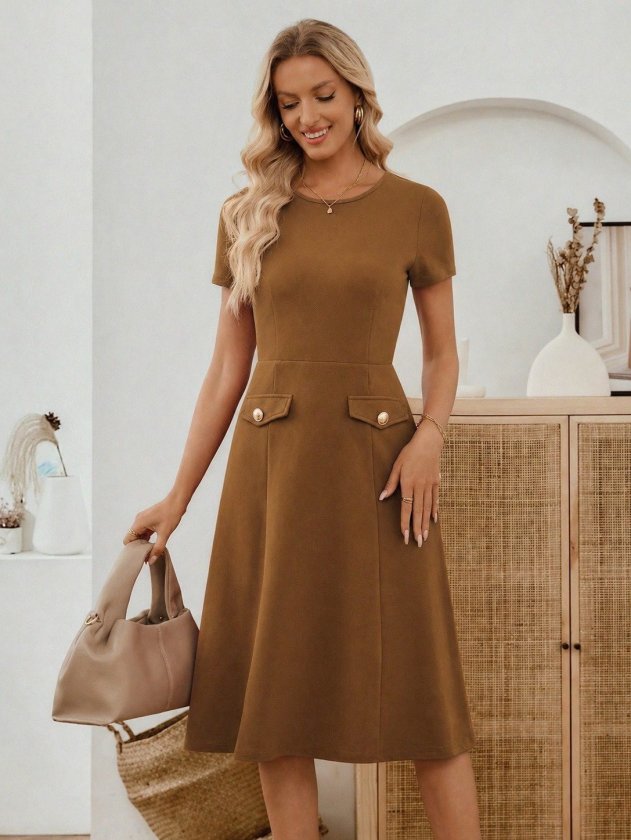 Women's Short Sleeve Crew Neck Pocket Detail Midi Imported Crepe Dress