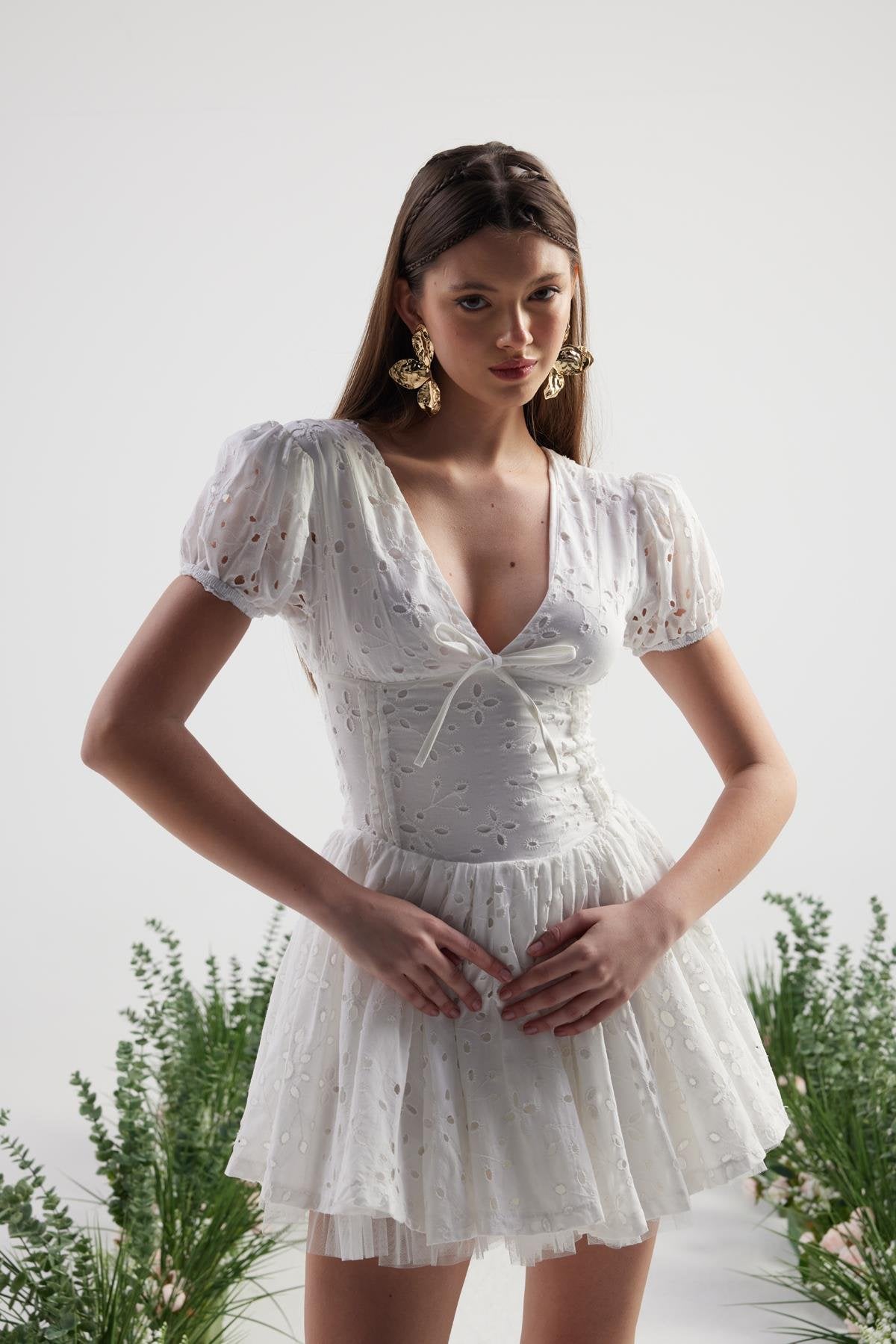 Fistolu Tütü Detaylı Mini Tina Elbise Beyaz