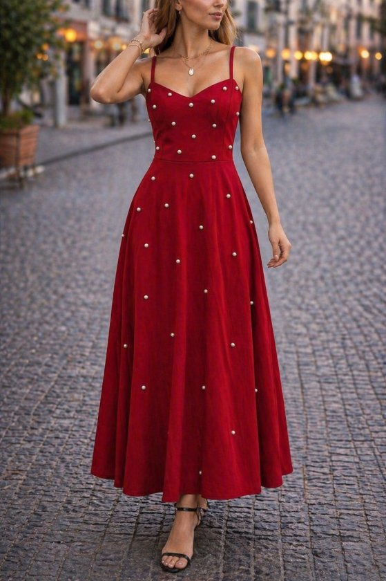 Women's Spaghetti Strap V-Neck Pearl Detailed Long Ruffled Crepe Dress