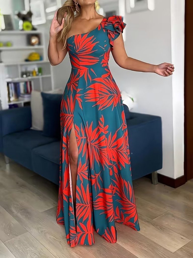 Women's One-Shoulder Open Slit Long Patterned Dress
