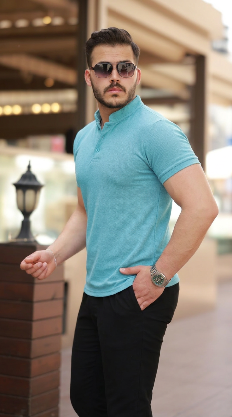 Men's Mandarin Collar Woven Cotton Fabric Short Sleeve T-Shirt