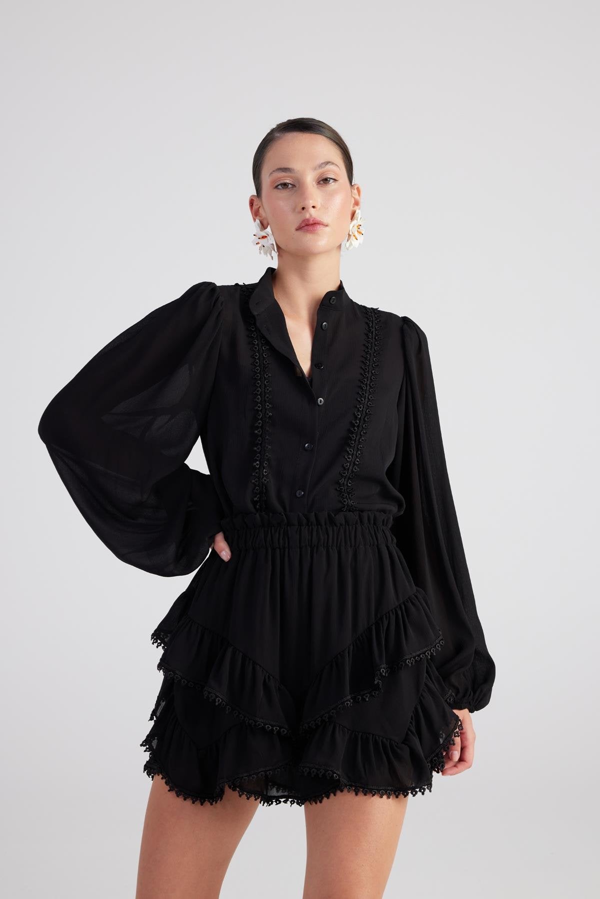 Brode Detaylı Atletli Pixie Gömlek Siyah Siyah L