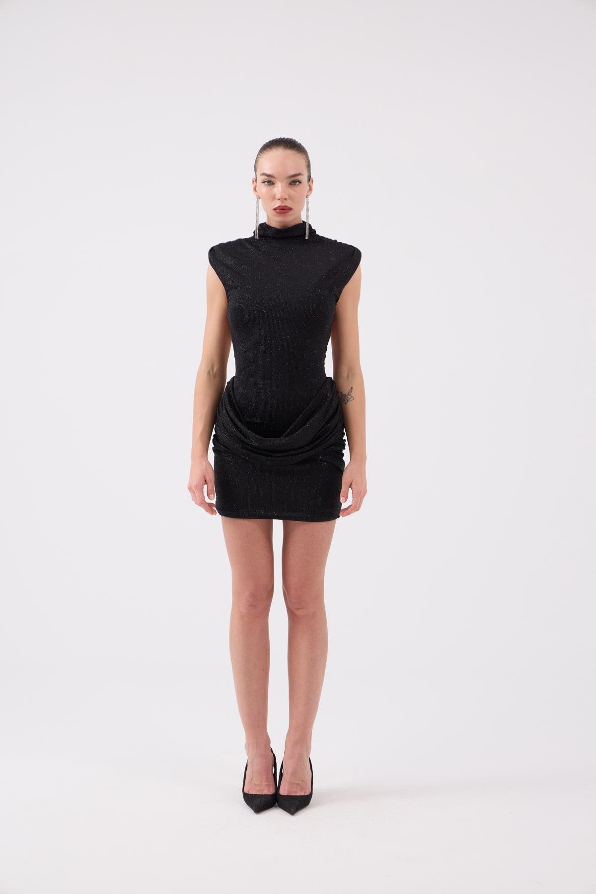 Sırtı Açık Simli Mini Judy Elbise Siyah
