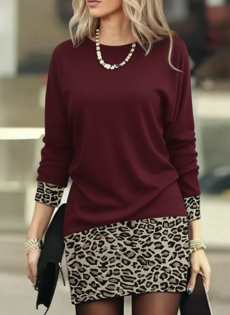 Women's Long Sleeve Crew Neck Top Viscose Two-Ply Bottom Leopard Pattern Mini Dress