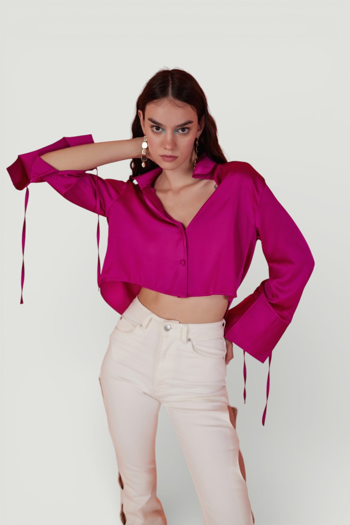 Özel Dokulu Saten Crop Silky Gömlek Pembe