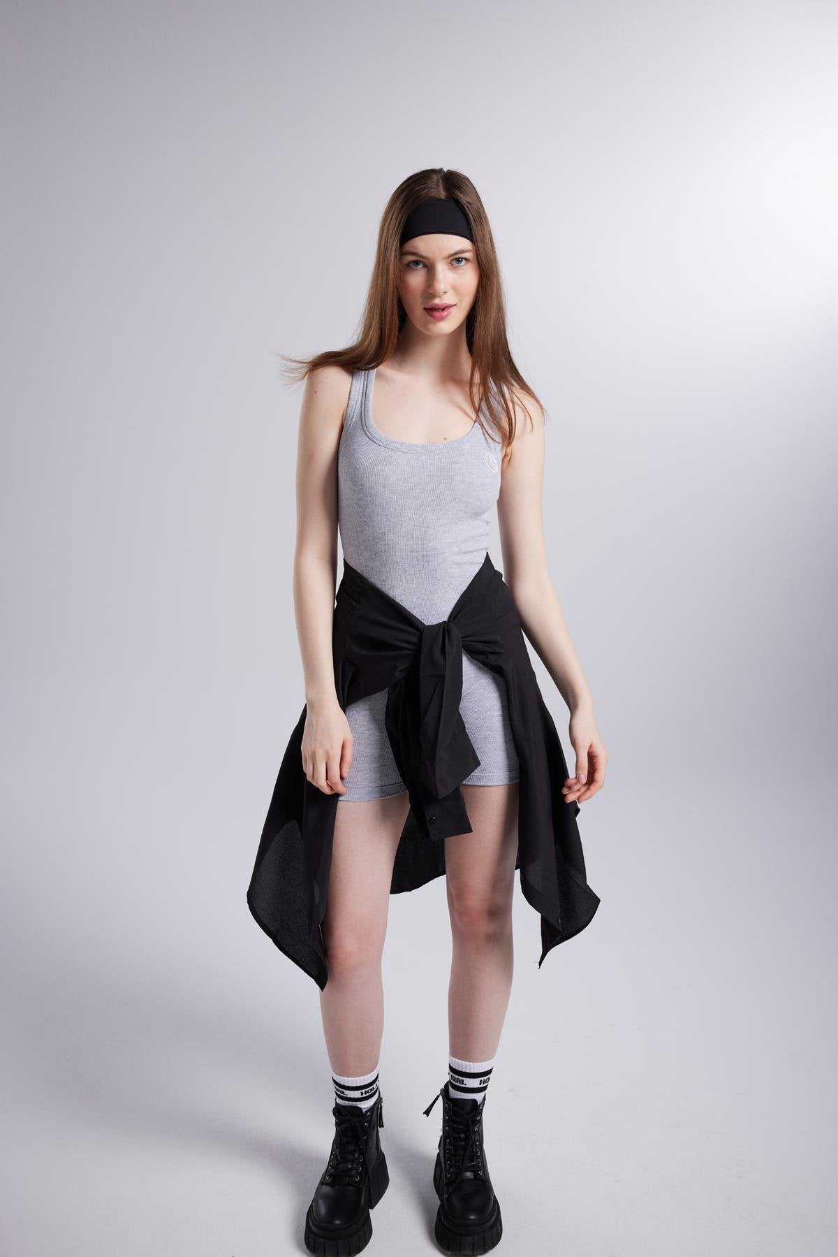 Fitilli Kumaş Şortlu Zoe Tulum Gri