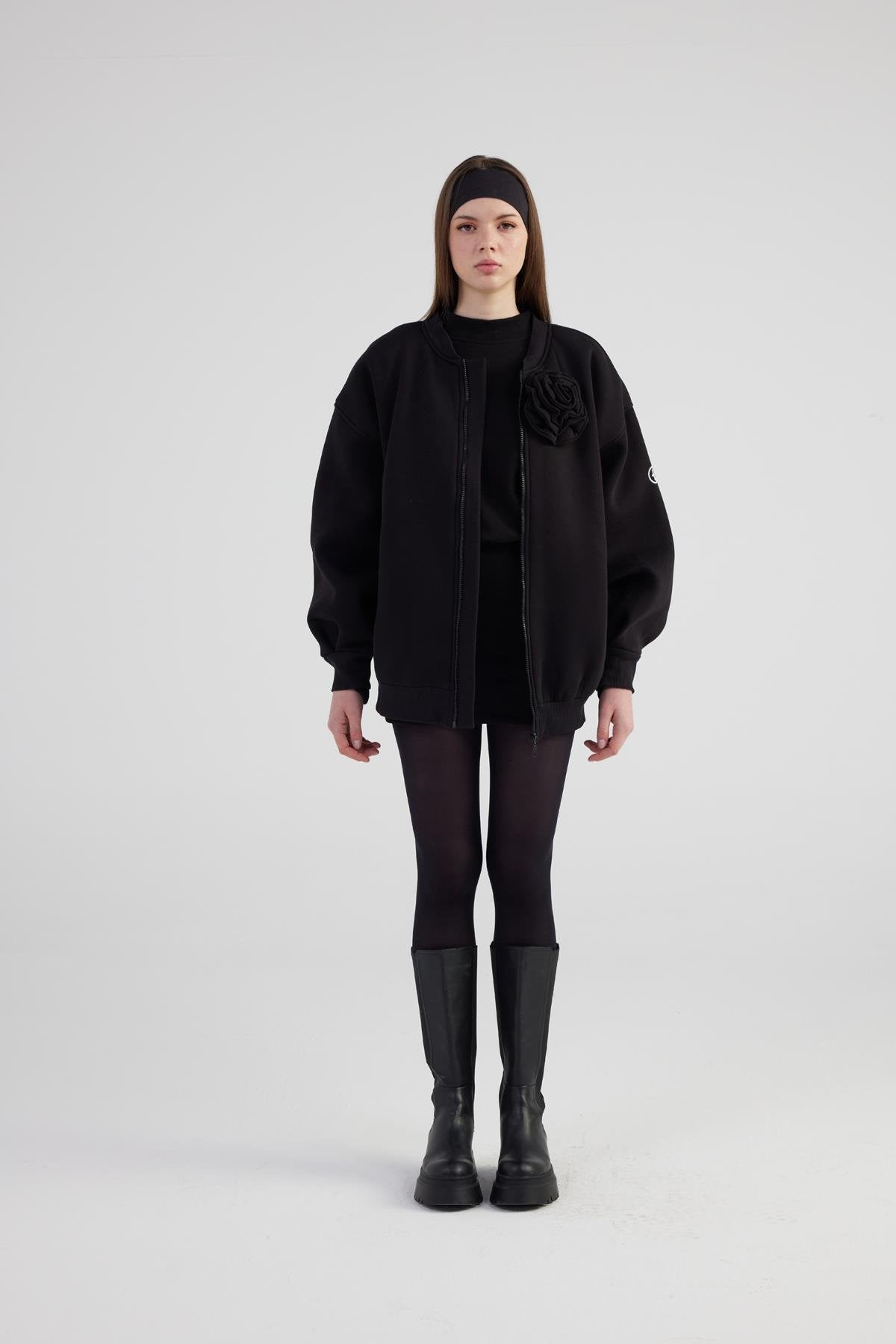 Oversize Çıkarılabilir Gül Detaylı Astarlı Alexa Bomber Ceket Siyah
