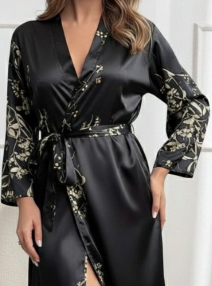 Women's Long Sleeve V Neck Floral Printed Waist Belted Midi Satin Nightgown