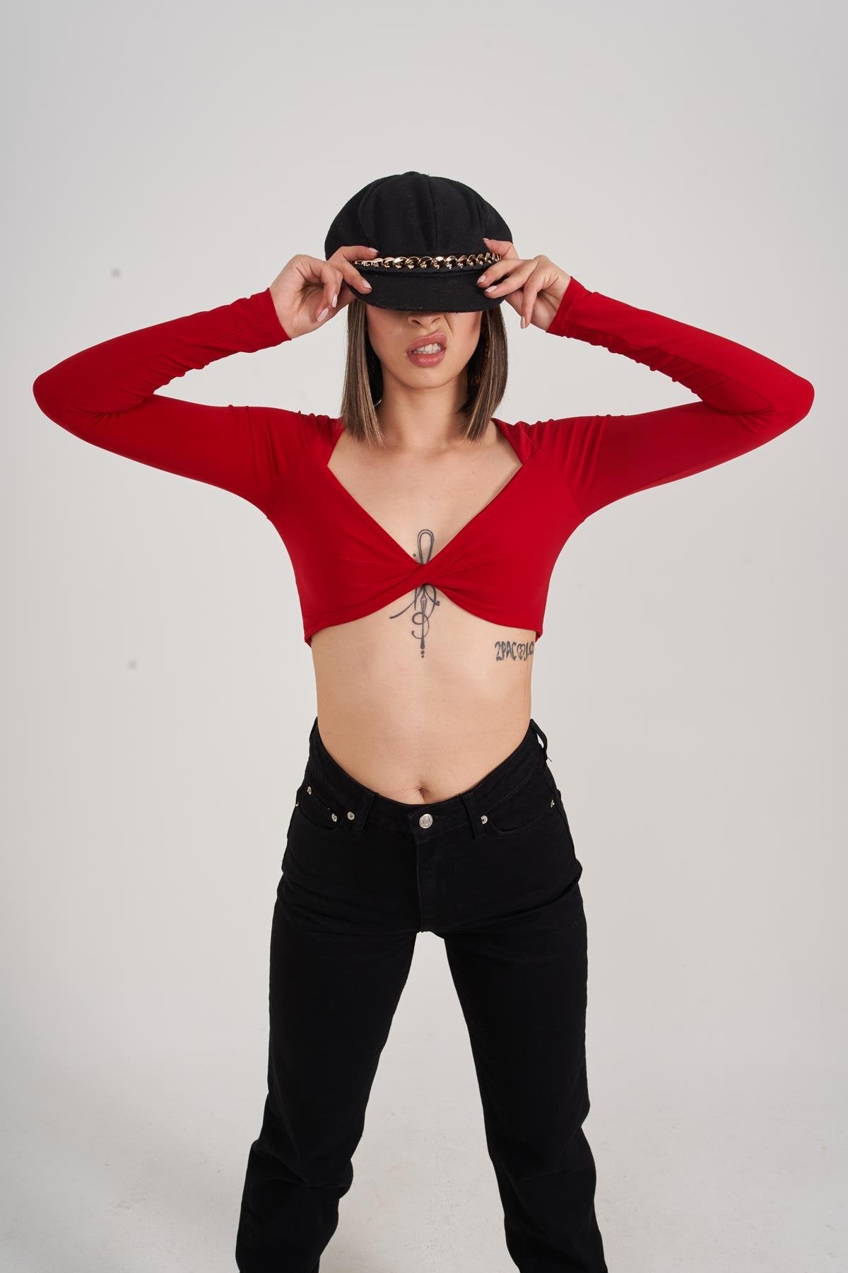 Crop Model Uzun Kol Walery Bluz Kırmızı Kırmızı M