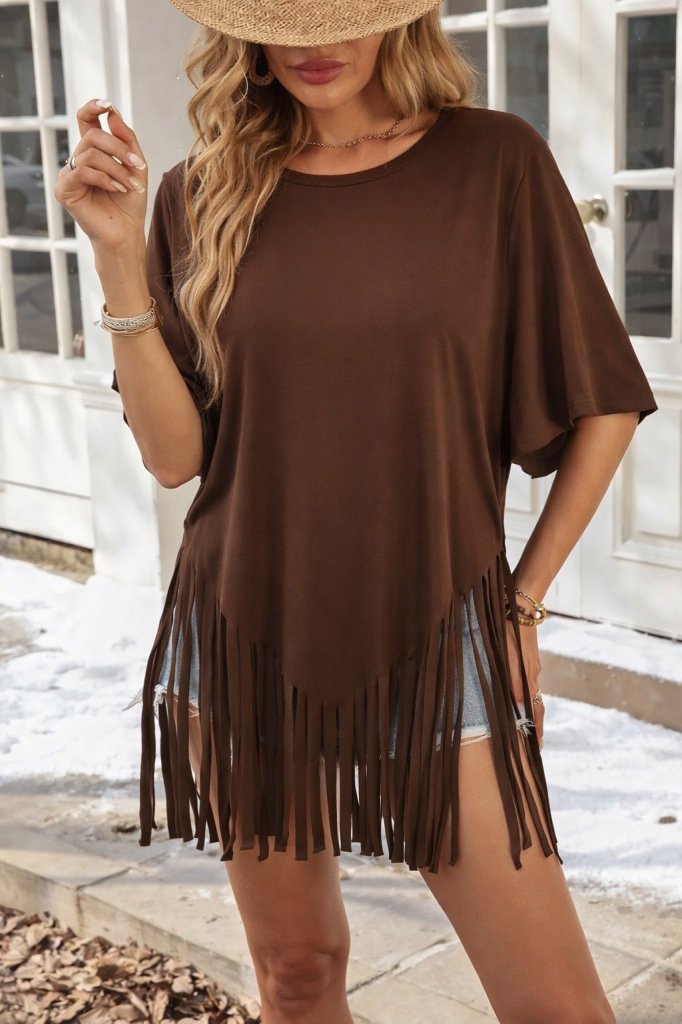 Women's Short Sleeve Crew Neck Tassel Viscose Blouse