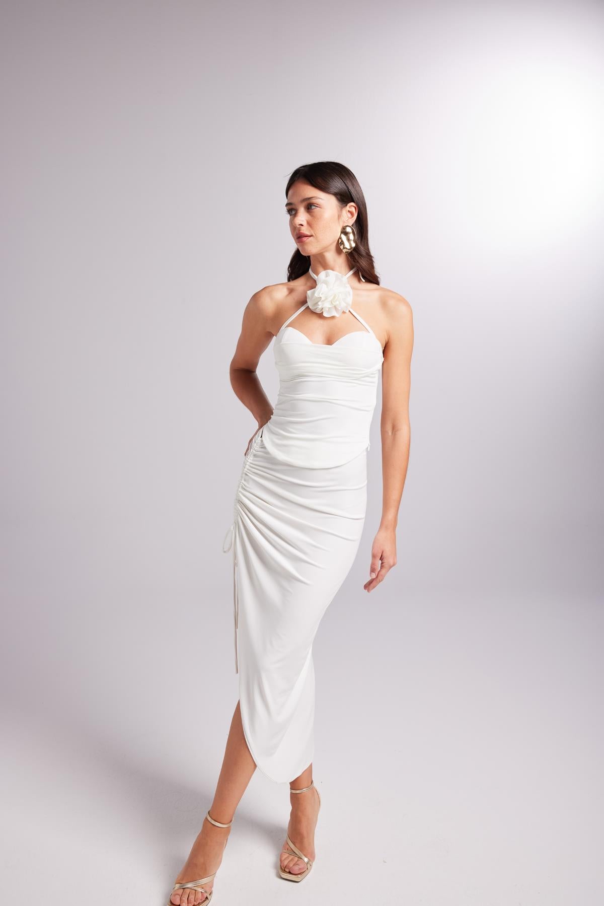 Ayarlanabilir Büzgülü Midi Poena Etek Beyaz