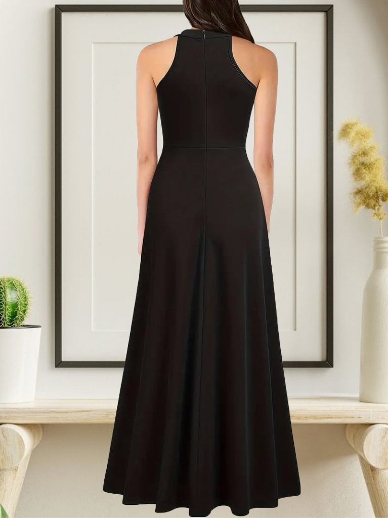 Women's Halter Neck Deep Slit Detail Full-Length Imported Crepe Evening Dress