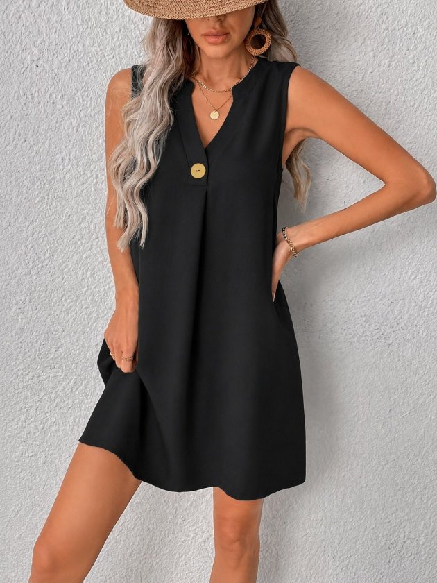 Women's Sleeveless V Stand Collar Buttoned Short Dress