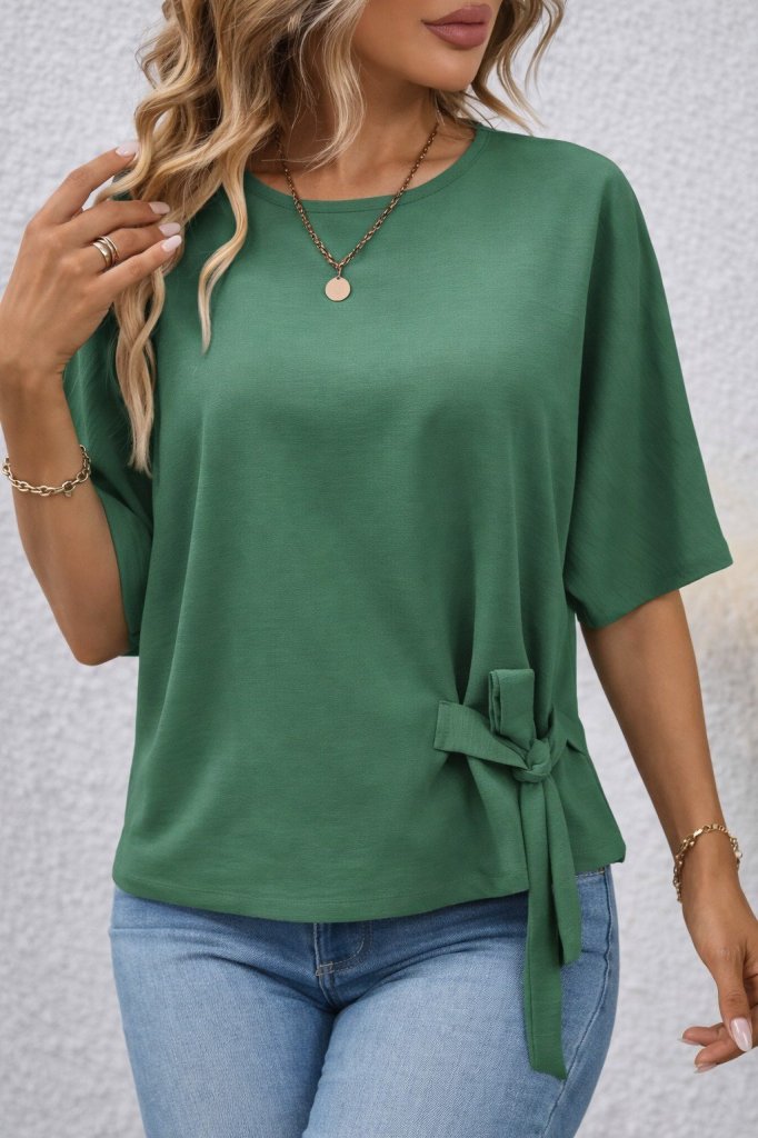 Women's Short Sleeve Crew Neck Side Drawstring Aerobin Blouse