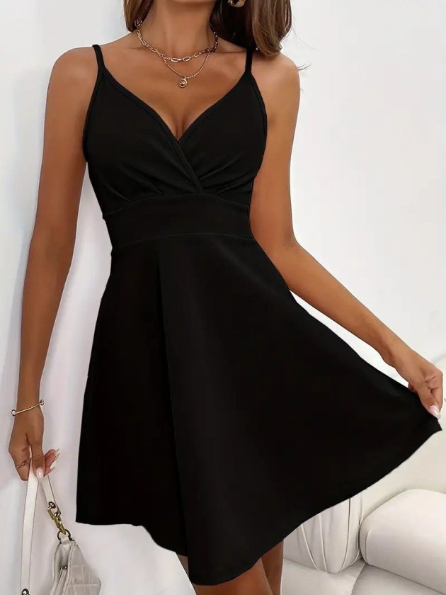 Women's Spaghetti Strap Wrap Collar Short Imported Crepe Dress