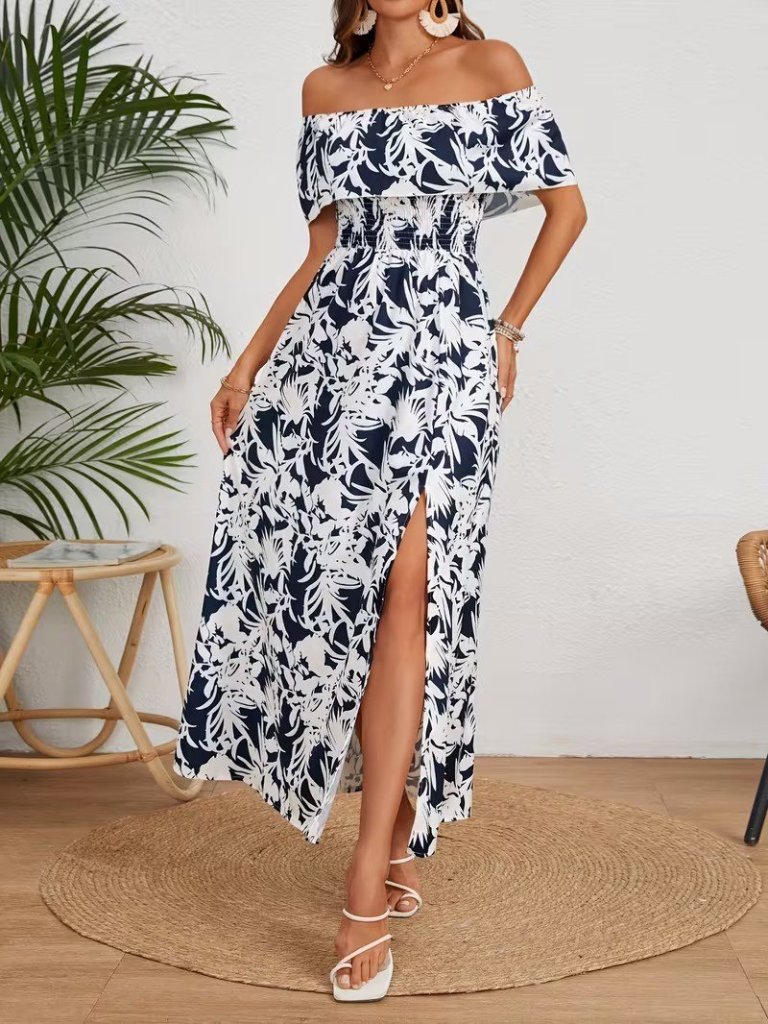 Women's Off-Shoulder Madonna Neck Floral Patterned Slit Long Supreme Dress