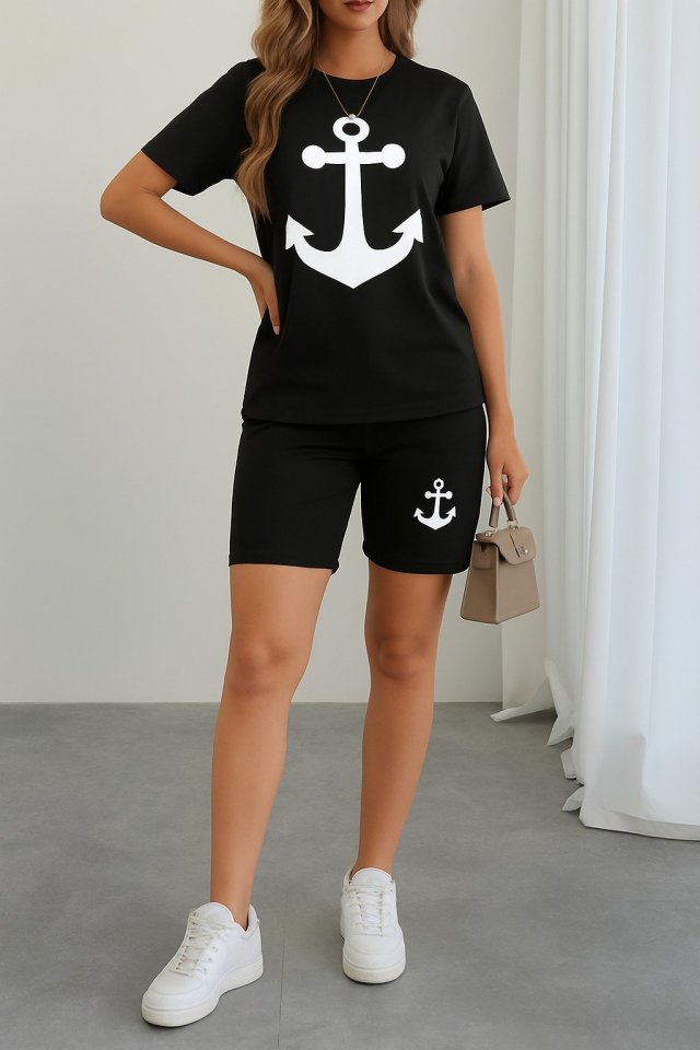 Women's Short Sleeve Anchor Print Viscose Two-Piece Set