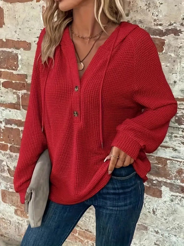 Women's Long Sleeve Hooded Buttoned and Drawstring Waffle Blouse