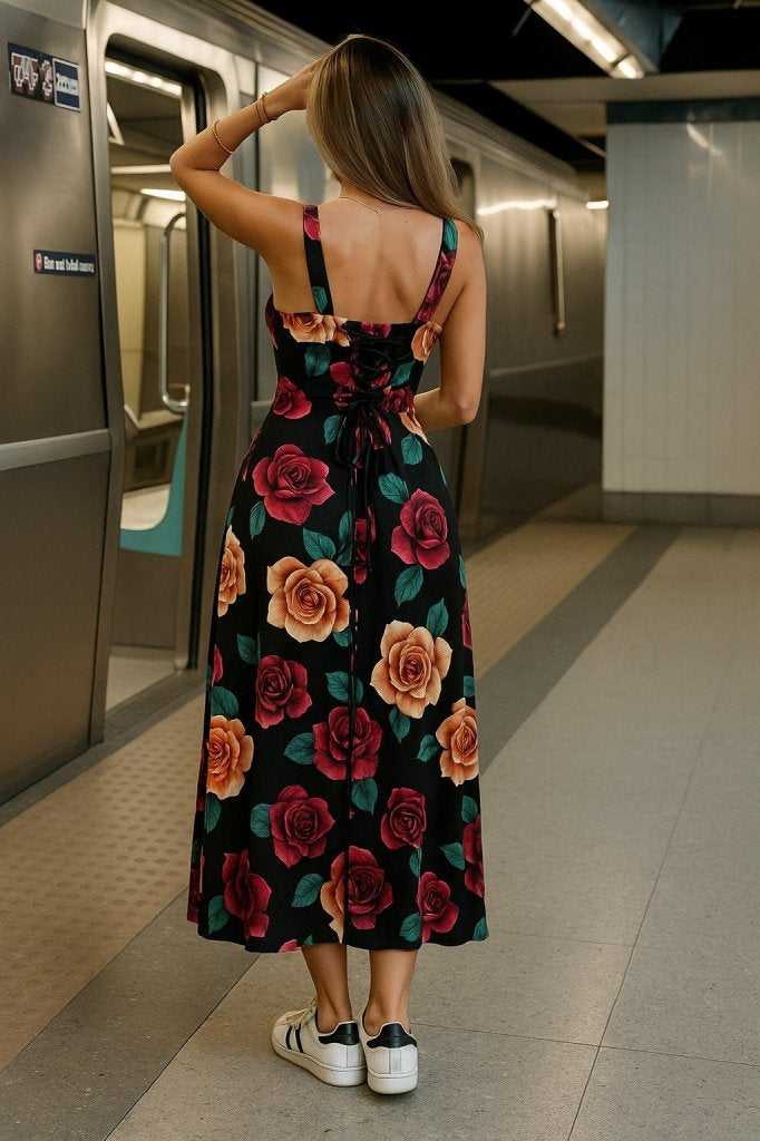 Women's Sleeveless Wide V-Neck Back Tie Slit Supreme Dress