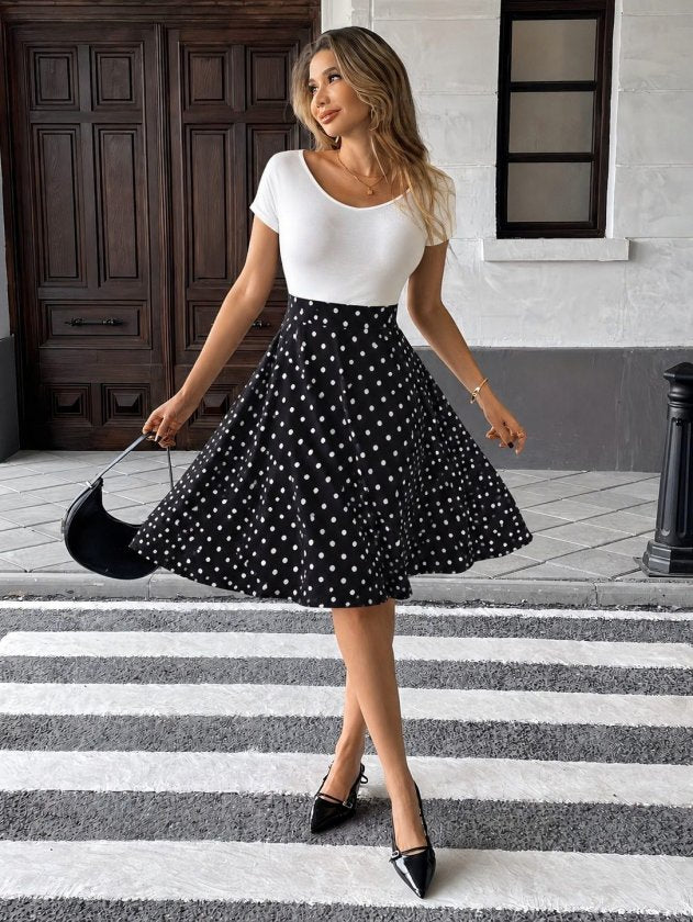 Women's Short Sleeve V-Neck Top Viscose Bottom Polka Dot Short Knit Crepe Dress