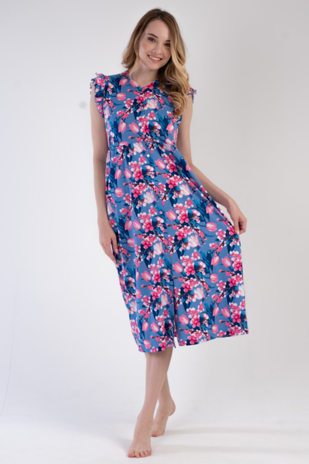 Woman Modal Denim Ruffled Sleeve Dress