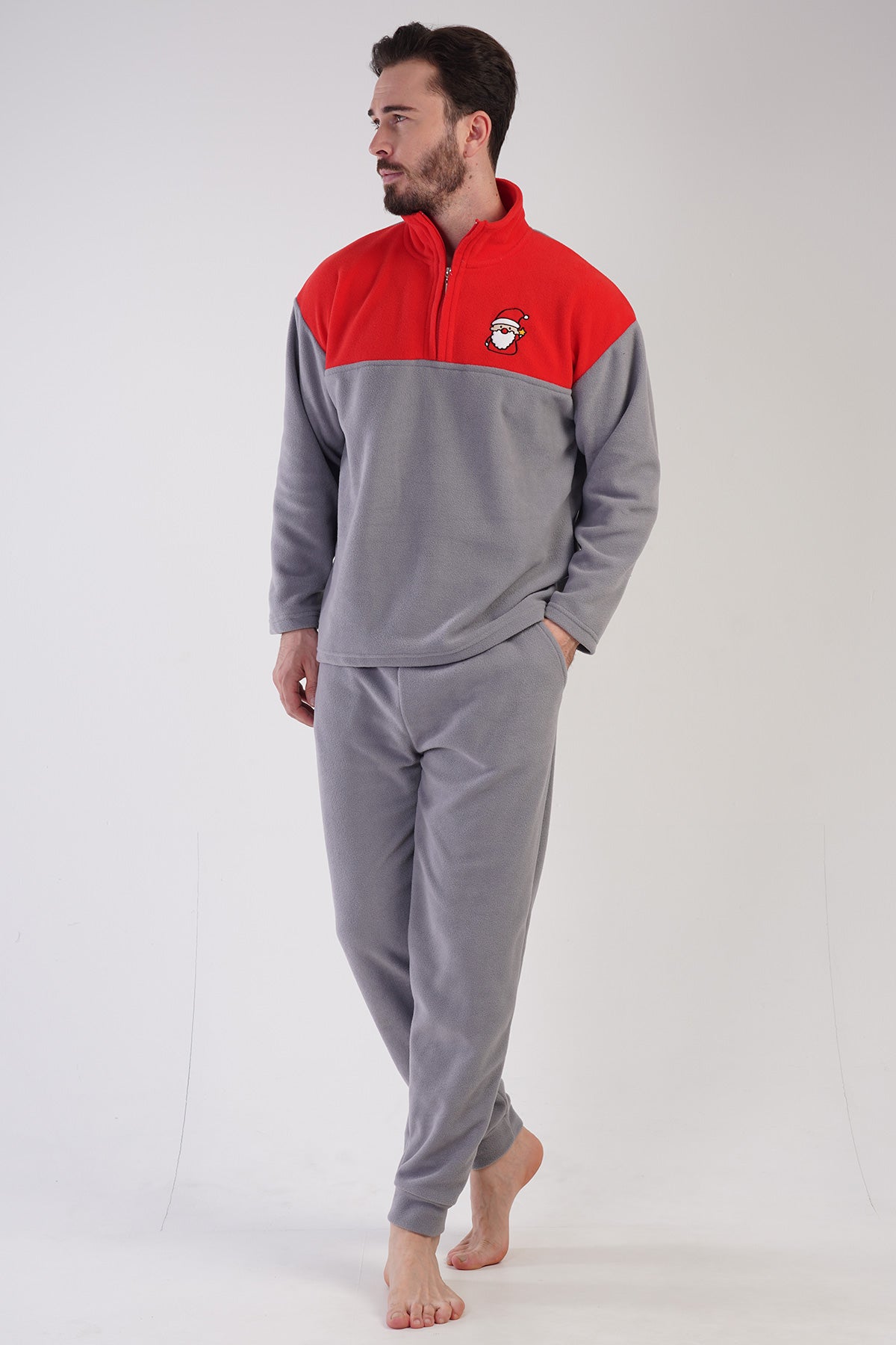 CEPLI ERKEK POLAR YAKALI DUSUK OMUZLU UZUN KOL FERMUARLI MANSETLI CEPLI PIJAMA TAKIM