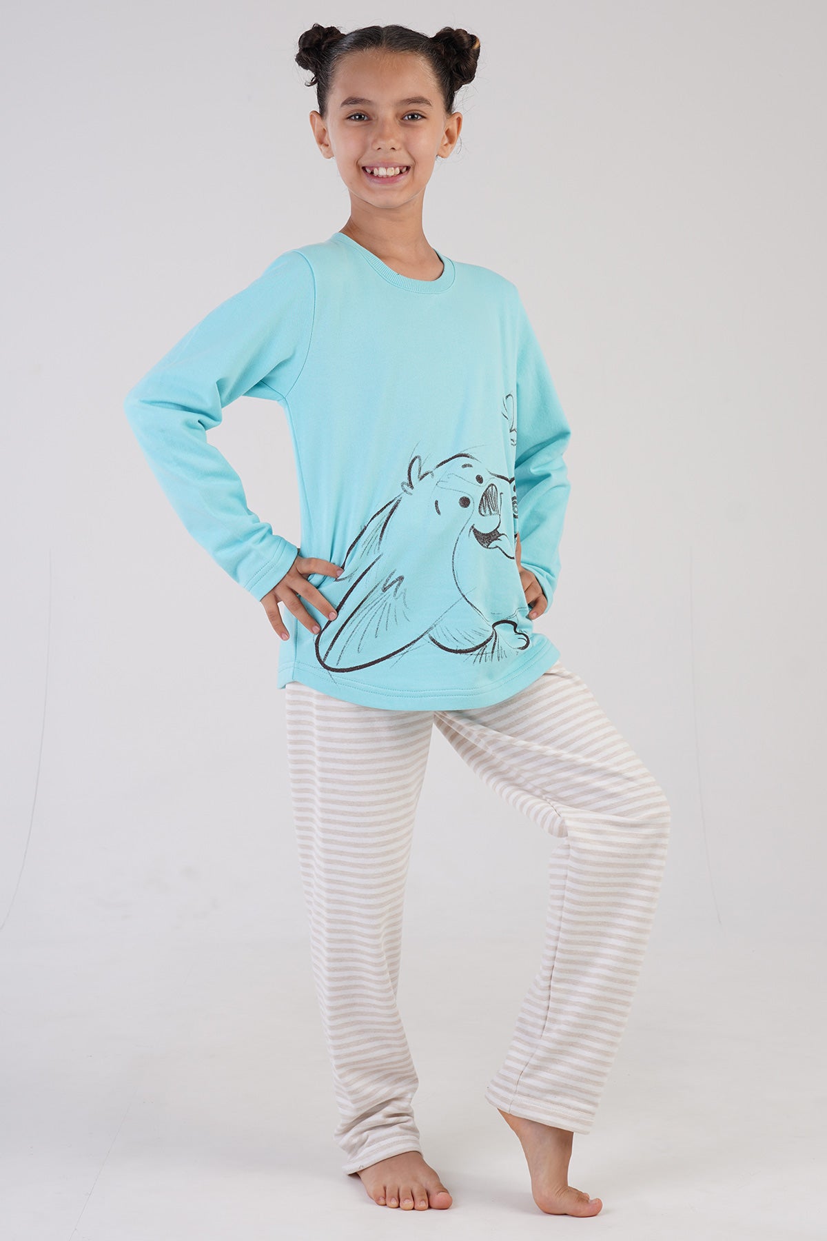 KIZ COCUK 2IPLIK O YAKA UZUN KOL ETEGI OVAL PIJAMA TAKIM(7-8/13-14)