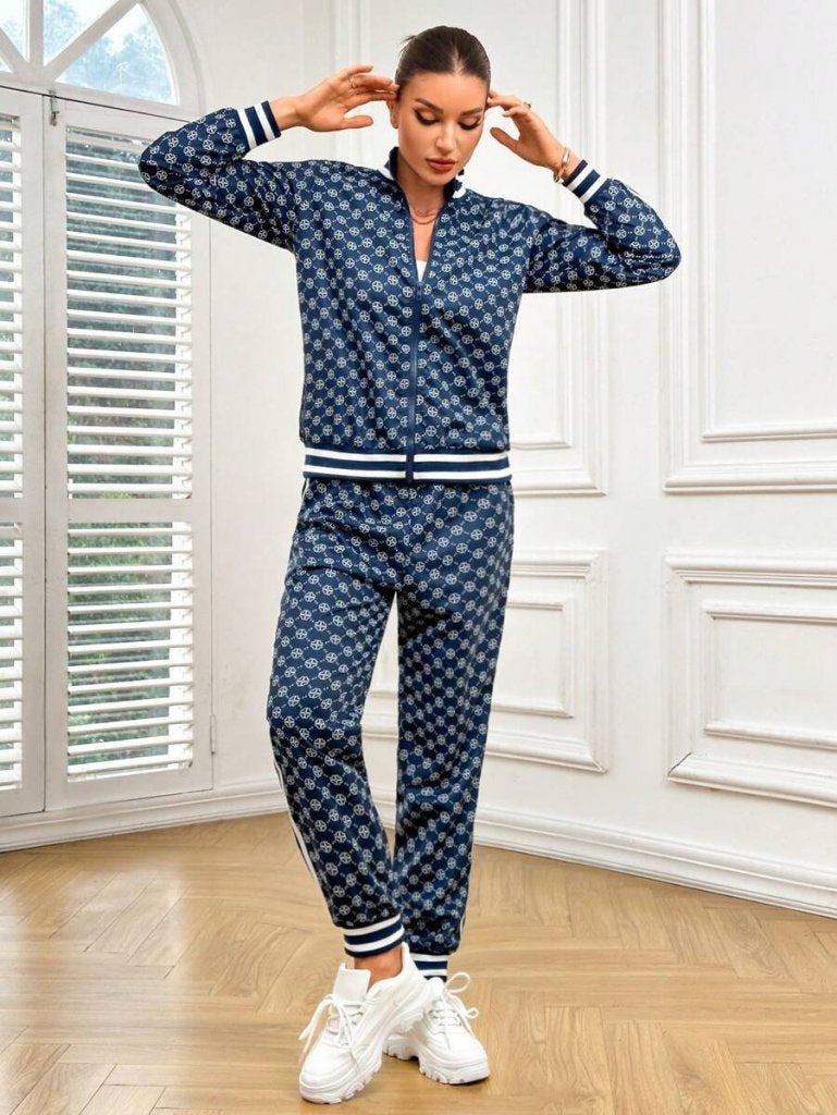 Kadın Uzun Kollu önden Fermuarlı Desenli Iki Iplik Bluz Ve Pantolon Ikili Takım , 30919