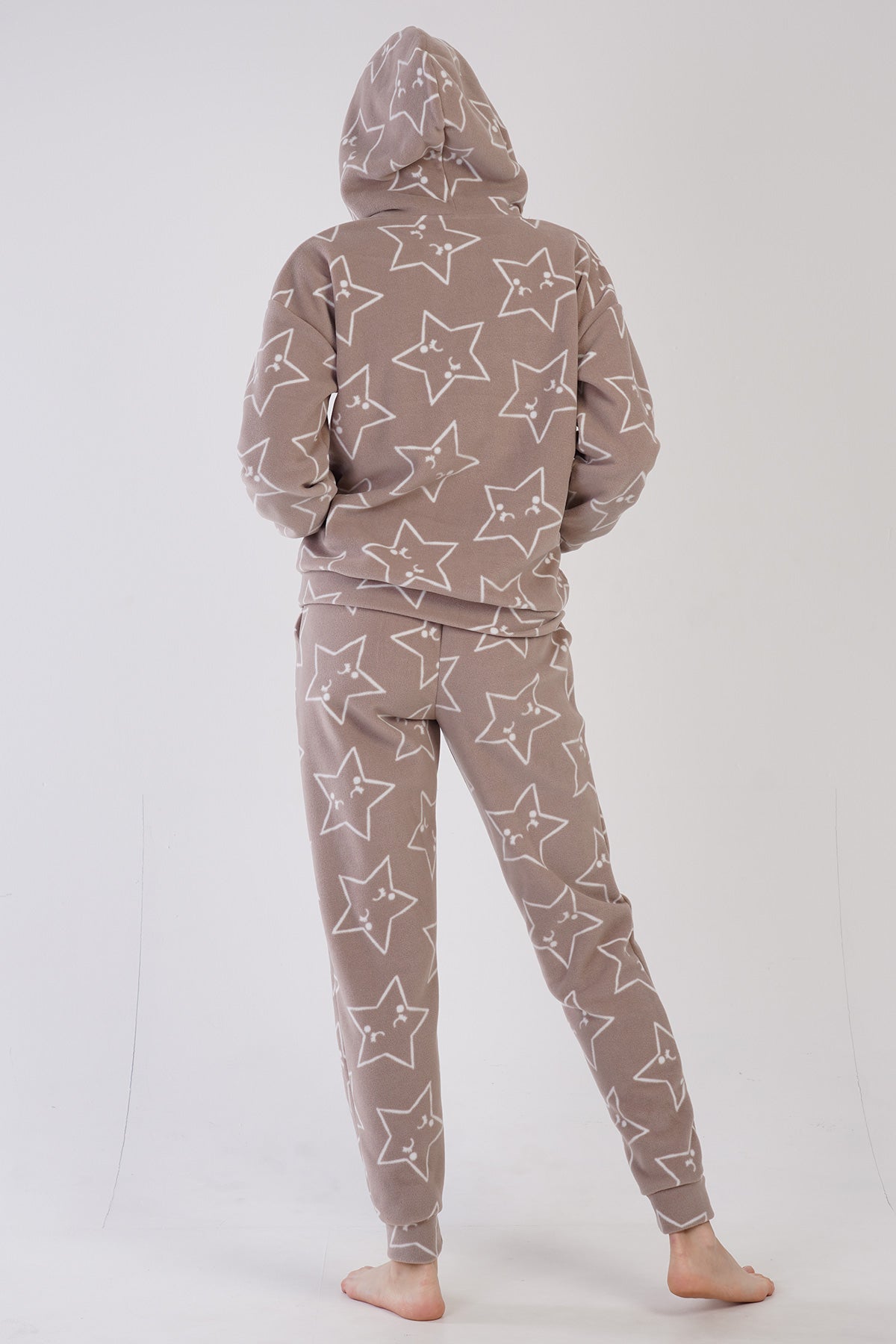 KADIN POLAR KAPSONLU DUSUK OMUZLU KANGURU CEPLI MANSETLI CEPLI PIJAMA TAKIM