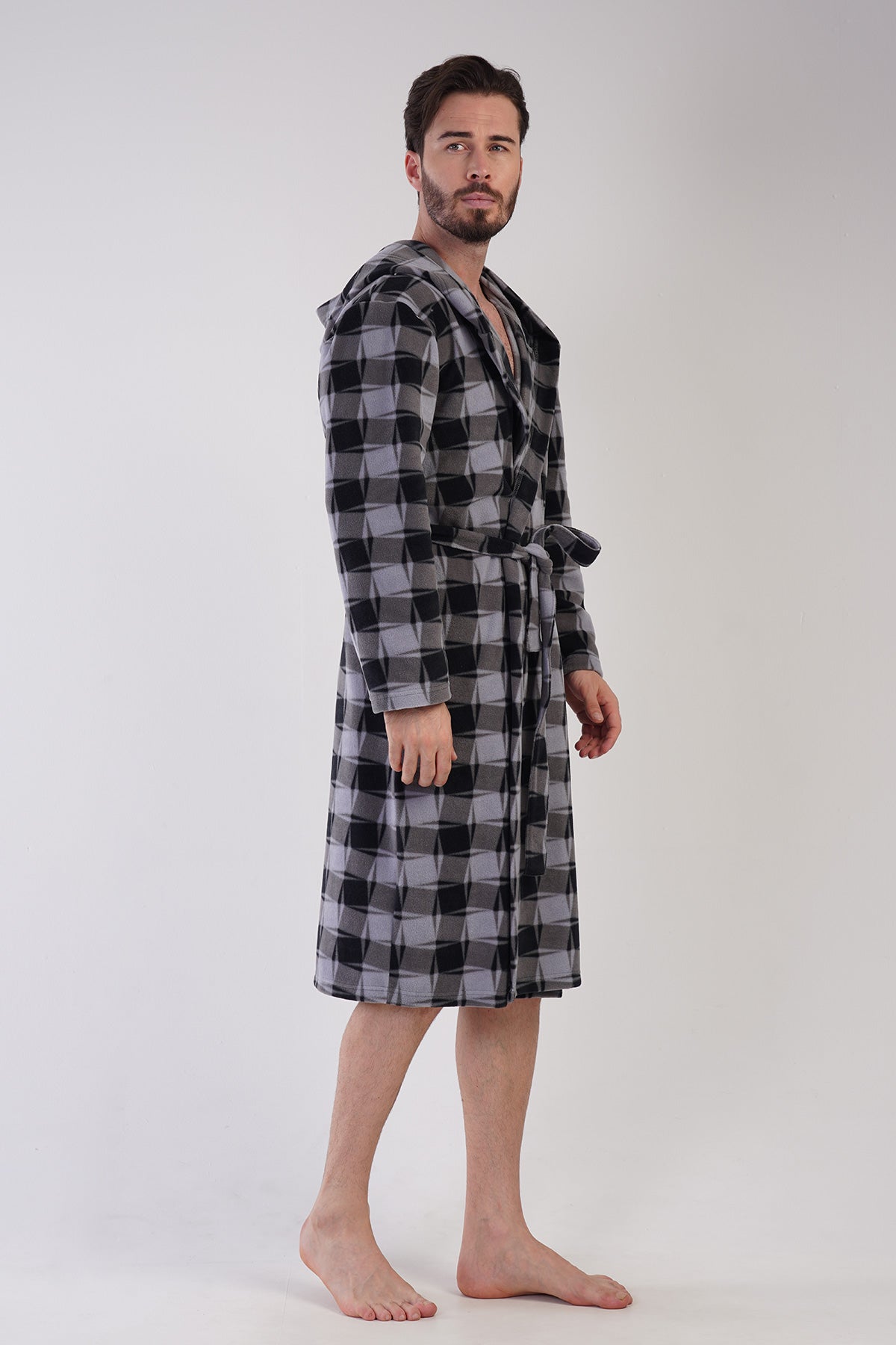 Man Fleece Gray Plaid Dressing Gown
