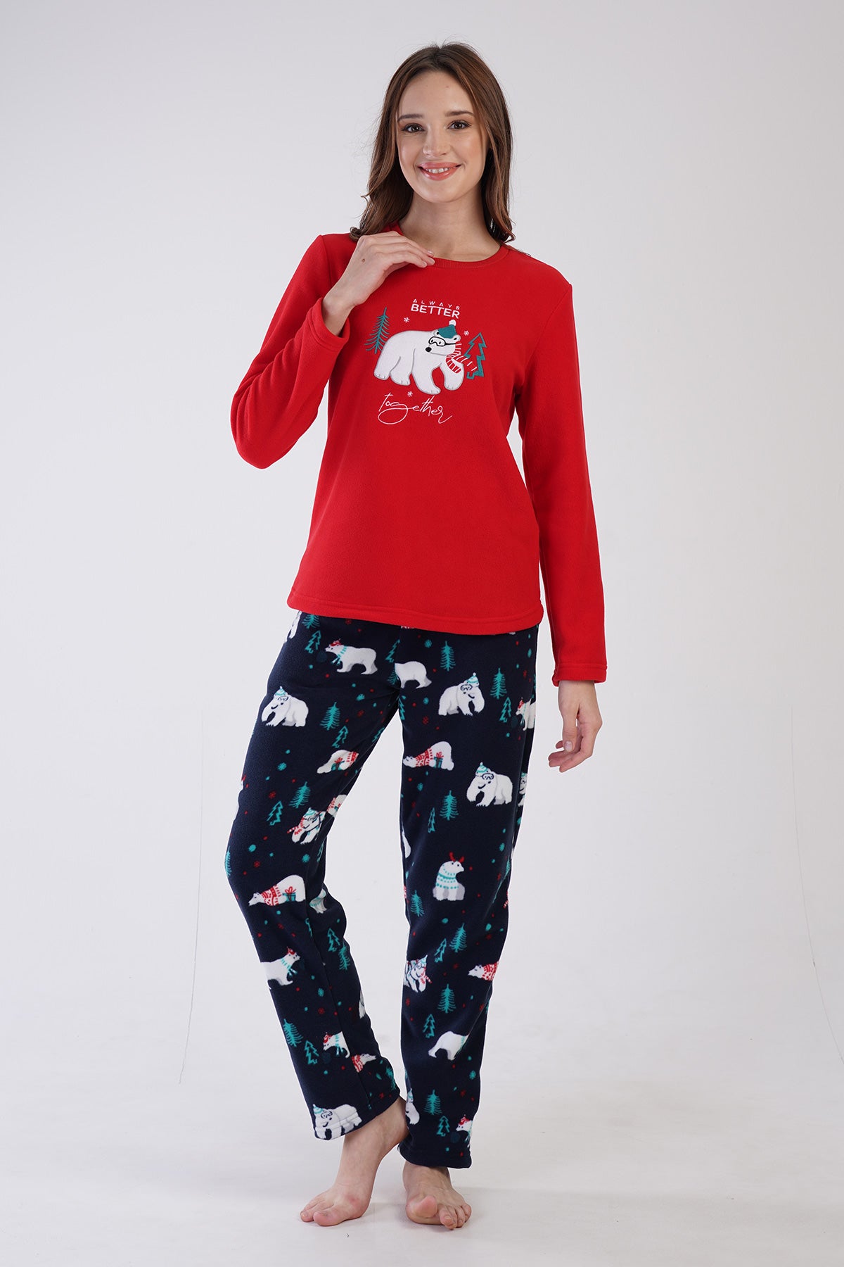 KADIN POLAR O YAKA UZUN KOL ETEGI OVAL CEPLI PIJAMA TAKIM