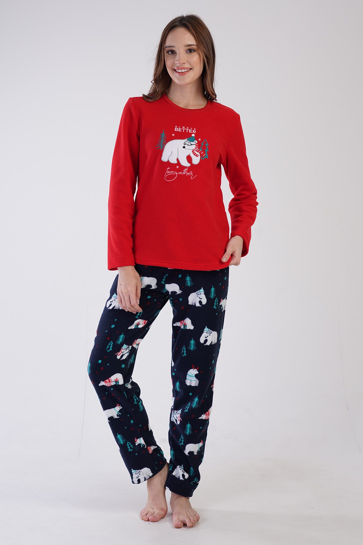 KADIN POLAR O YAKA UZUN KOL ETEGI OVAL CEPLI PIJAMA TAKIM