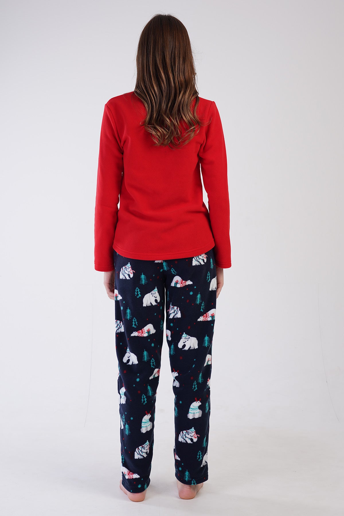 KADIN POLAR O YAKA UZUN KOL ETEGI OVAL CEPLI PIJAMA TAKIM