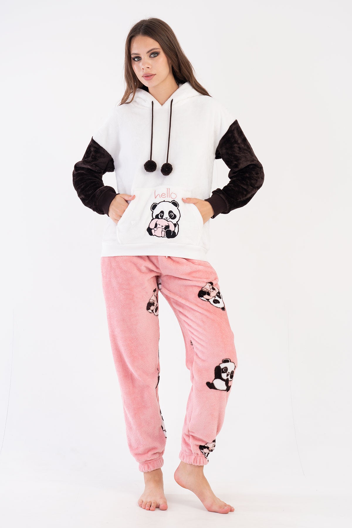 KADIN SOFT KAPSONLU DUSUK OMUZLU UZUN KOL KANGURU CEPLI MANSETLI PACASI BUZGULU CEPLI PIJAMA TAKIM